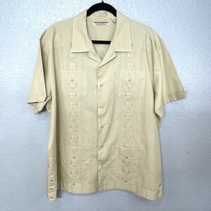 Havanera Co Men's Embroidered Cuban Shirt Short Sleeve Casual Beige Guayabera XL